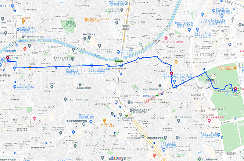 裏道小路を新宿まで歩くルートの写真