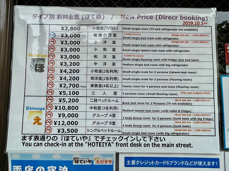 ホテルの料金表は英文併記、クレジットもOKの写真