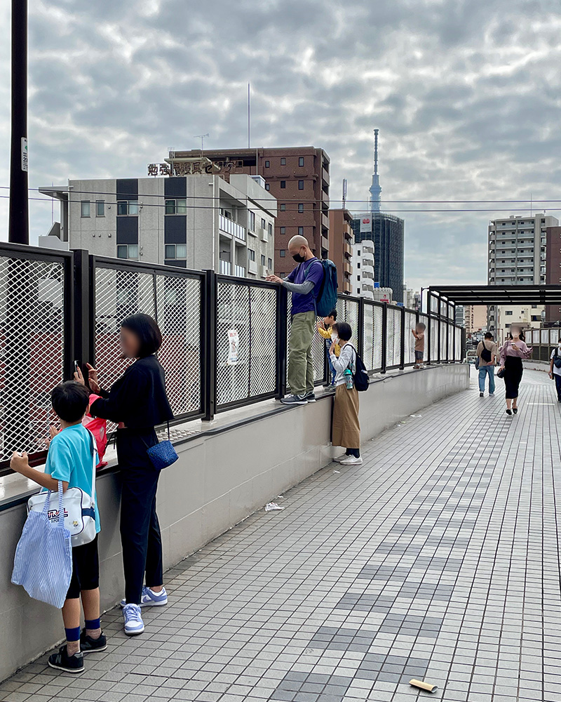 歩道橋の上は親子連れでにぎやかだった写真